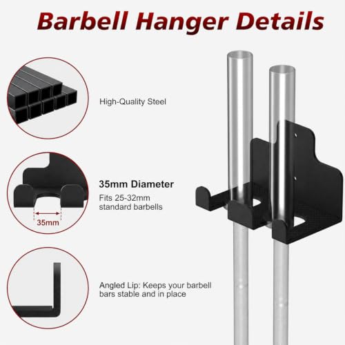 Wall Mounted Weight Plate Holder, 4 Pack, with 1 Pack Barbell Hanger