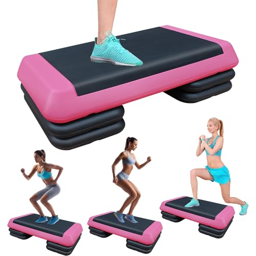 43" Aerobic Exercise Step Platform, Adjustable Aerobic Steppers with 4 Stackable Risers, Workout Stepper & Fitness Stepper for Home Gym Cardio Strength Training, Easy Storage, 550 LBS Capacity ﻿
