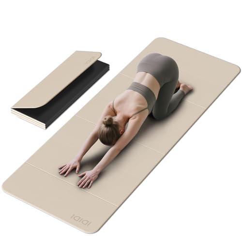 Foldable Extra Large Yoga Mat 74"×31.5", 8mm Double-Sided Non Slip Lightweight Fitness Mat for Man & Woman, Portable for Home Studio & Travel - color: Beige+Black