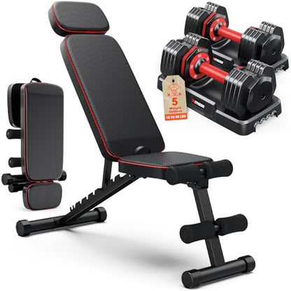 Adjustable Dumbbells Set of 2, 1 Hand Adjustable Weights Dumbbell Set and Workout Bench, 25/55/80lb Pair Weight Set For Home Gym Suit both Men and Women, Compact for Small Space Apartment Room - color: Classic-55lbs-Red Dumbbells+Bench
