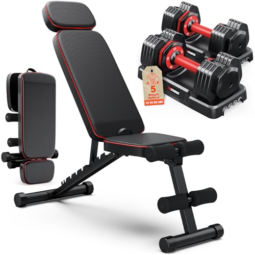 Adjustable Dumbbells Set of 2, 1 Hand Adjustable Weights Dumbbell Set and Workout Bench, 25/55/80lb Pair Weight Set For Home Gym Suit both Men and Women, Compact for Small Space Apartment Room - color: Classic-55lbs-Red Dumbbells+Bench