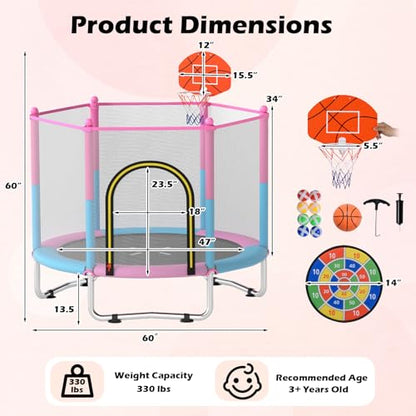 GYMAX Trampoline for Kids, 60” Toddler Rebounder with Basketball Hoop & Dart Board, All-Round Enclosure Net,Mini Indoor Kids Trampoline for Boys & Girls