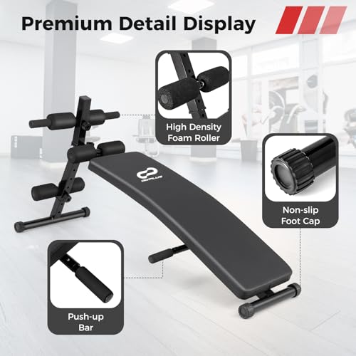 Goplus Adjustable Sit Up Bench for AB Exercise, Foldable Curved Slant Bench with High Density Foam Cushioned Seat for Strength Training, Incline Decline Workout Equipment for Home Gym, Black
