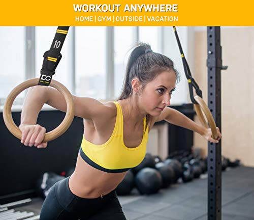 Gymnastics Rings with Quick Adjust Numbered Straps and Exercise Videos Guide - Full Body Gym Rings - Calisthenics Rings Wooden Rings 1.25" (Wax Oil Finish)