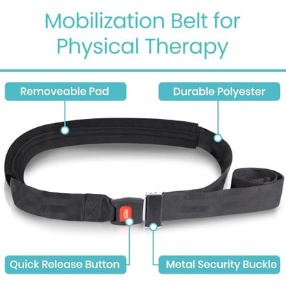 Vive Mobilization Belt for Physical Therapy with Buckle - Manual Traction Stretching Band - PT Traction Strap Belt for Stretching, Mobility, Massages & Exercise (Black)