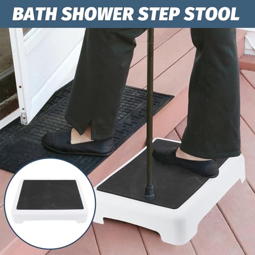 Short Step Stool,Bath Shower Step Stool,Non Slip Step Platform,Portable Step Riser with Anti Slip Mat,for Car, Bed, Door, Stair, Bathroom, White Gray