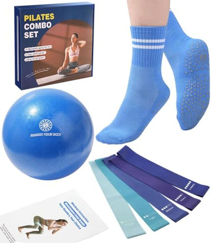 Pilates Ball Resistance Bands Grip Socks Barre Sets, Loop Exercise Bands 5 Levels, Small Yoga Ball 9 Inch, Non Slip Socks Workout Kit at Home - color: Blue