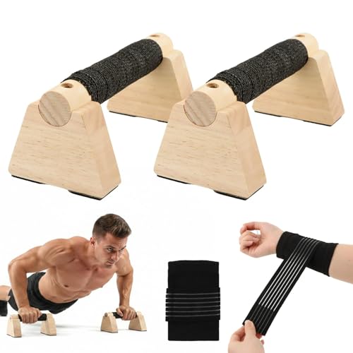 Parallettes Bars Push Up Stand, Wooden Calisthenics Equipment Set with Wrist Wraps, Handstand Trainer Push Up Handles for Men Home Gym with Non-Slip Base