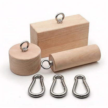 3 Pcs Wooden Grip Strength Trainer Set, Ergonomic Pinch Block Grip Workout Kit, Premium Natural Wood Hand Finger Forearm Strengthener with Stainless Steel Carabiners for Climbing, Weightlifting, Fitness, Home Gym & Rehab Training