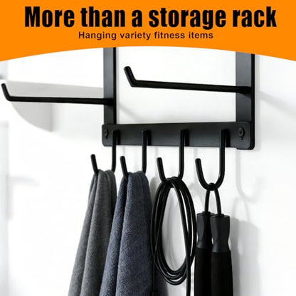 Black Wall Mount Yoga Mat Holder with Floating Shelf & 5 Hooks, Home Gym Storage Rack for Yoga Mats, Foam Rollers and Resistance Bands, Metal