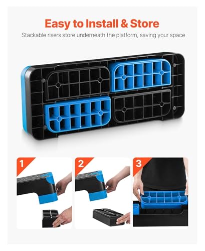 Aerobic Exercise Step Platform, 28-Inch Workout Aerobic Stepper, Height Adjustable Fitness Training Step Deck Trainer with 4 Risers, Non-Slip Surface Bench for Home Gym Cardio Strength, Blue