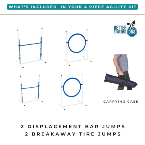 4 Pack Adjustable Dog Agility Jumps w/Safety-Focused Features | 2 Bar Jumps with Cup Strips | 2 Breakaway Tire Jumps