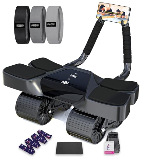 Ab Roller Home Gym Equipment – 4 Wheels Ab Wheel Muscle Roller with Automatic Rebound, Yoga Stretching Strap, 3 Resistance Bands – Comfortable Elbow Support with Non-Slip Handles – Built-in Workout Tracker