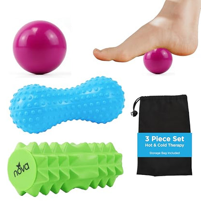 NOVA 3-in-1 Hot and Cold Massage Roller Set - Foot Roller, Gel Ball, and Peanut Roller for Plantar Fasciitis, Back Pain, Trigger Point Therapy - Deep Tissue Relief Kit with Travel Bag
