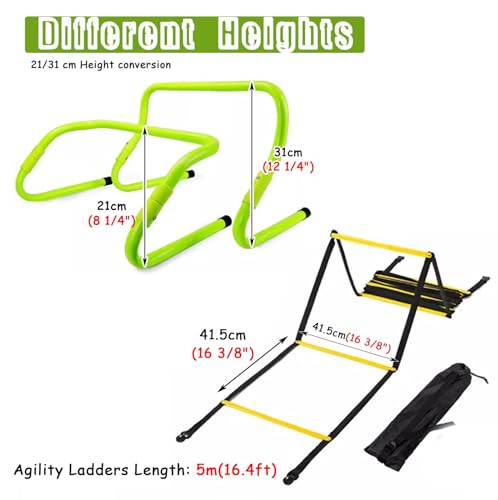 Mini Hurdle Soccer Training/Agility Ladder(12 Rungs/16.4ft), 8in to 12in Portable Speed Agility Hurdles, Foldable Basketball/Rugby Trainer Set
