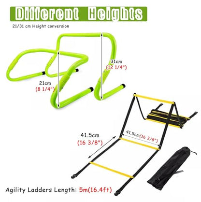 Mini Hurdle Soccer Training/Agility Ladder(12 Rungs/16.4ft), 8in to 12in Portable Speed Agility Hurdles, Foldable Basketball/Rugby Trainer Set