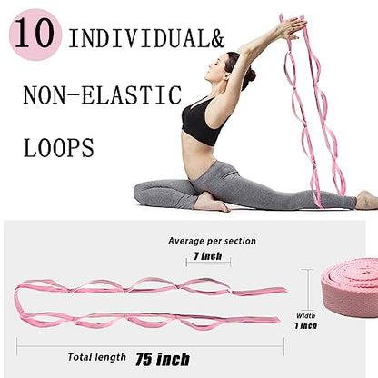 Stretching Strap Yoga Strap with Loops, Stretch Straps for Physical Therapy, Non-Elastic Exercise Strap for Pilates, Dance and Gymnastics with Workout Guide - color: Pink