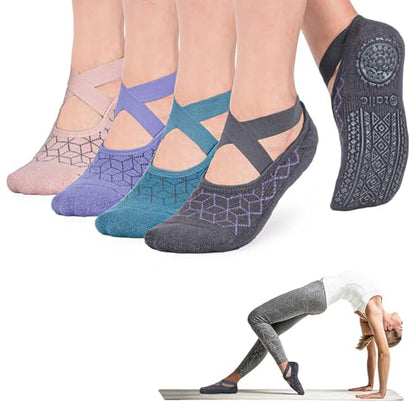 Ozaiic Pilates Socks for Women Non Slip Grip Yoga Barefoot Indoor Workout - color: 4 Pairs -Blue/Purple/Pink/Dark Gray