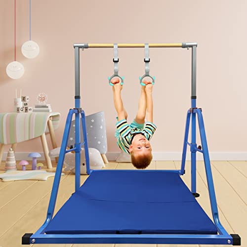 Gymnastics Bar for Kids with Rings Set, 7 Heights Adjustable Easy Folding Gymnastic Training Bar Kids Monkey Horizontal Bars - Max Load 300LBS