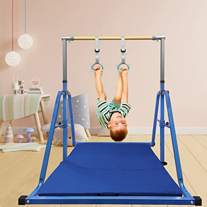 Gymnastics Bar for Kids with Rings Set, 7 Heights Adjustable Easy Folding Gymnastic Training Bar Kids Monkey Horizontal Bars - Max Load 300LBS