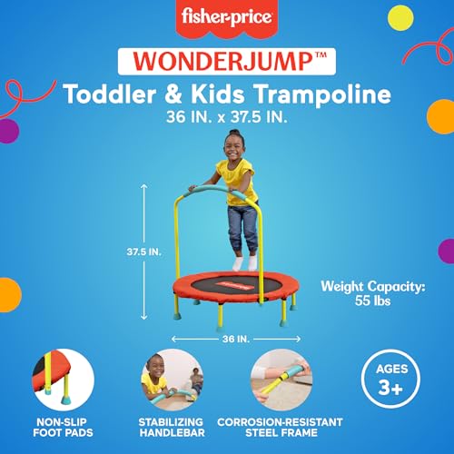 Fisher-Price 3-Foot Mini Trampoline, WonderJump 36-Inch Round Indoor Toddler Kids Trampoline with Stabilizing Handlebar - color: Red/Yellow