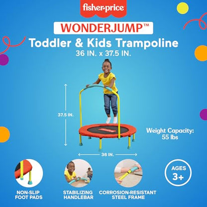Fisher-Price 3-Foot Mini Trampoline, WonderJump 36-Inch Round Indoor Toddler Kids Trampoline with Stabilizing Handlebar - color: Red/Yellow