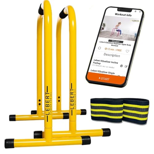 Lebert EQualizer Total Body Strengthener – Portable Dip Station for Full Bodyweight Training – Includes Hip Resistance Band & Online Coaching – Available in Standard & XL Sizes - color: Yellow Regular