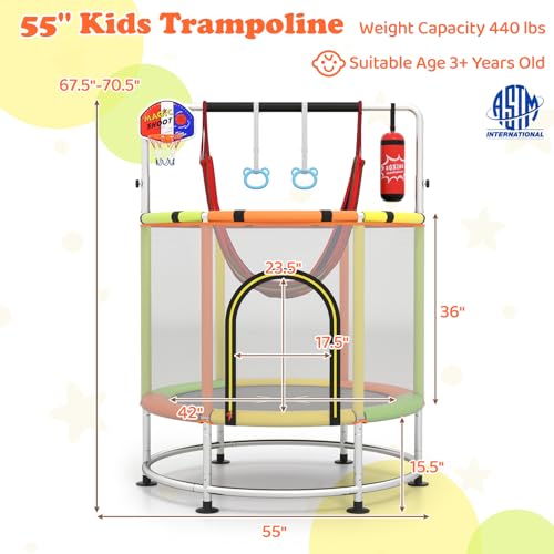GYMAX 55" Trampoline for Kids, 440LBS 6 in 1 Toddler Rebounder with Swing, Basketball Hoop, Punching Bag, Rings & Bar, No-Gap Jumping Mat Mini Indoor Outdoor Trampoline