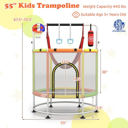 GYMAX 55" Trampoline for Kids, 440LBS 6 in 1 Toddler Rebounder with Swing, Basketball Hoop, Punching Bag, Rings & Bar, No-Gap Jumping Mat Mini Indoor Outdoor Trampoline