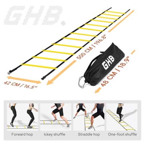 GHB Pro Agility Ladder Agility Training Ladder Speed 12 Rung 20ft with Carrying Bag - color: yellow