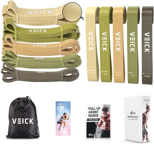 VEICK Pull Up Resistance Bands Set, Heavy Stretch Workout Bands, Fitness Assistance Bands for Men Women, Portable Exercise Equipment for Home Gym Office Travel - color: Green Set + 5 Loop Bands