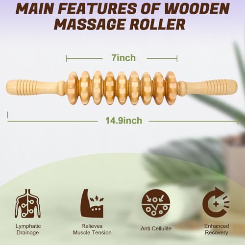 Wooden Fascia Massage Roller – Handheld Myofascial Release Massage Stick with Trigger-Point Knobs for Deep Tissue, Cellulite, Muscle Recovery & Circulation, Lymphatic Drainage Massager