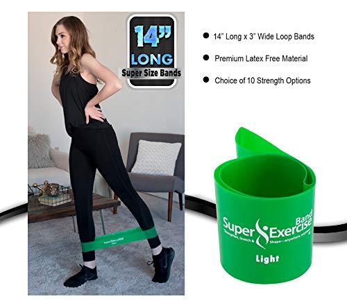 USA 14" x 3" Extra Long Latex Free Mini Loop Bands in 3, 5, 10 Pack Sets. 10 Strengths for Resistance Training, Stretching, Yoga, Toning. Plus an Exclusive iPhone App and E-Book. - color: g. Green LIGHT Loop Band 10 Pack