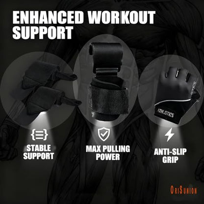 3 in 1 Weight Lifting Gloves with Deadlift Hooks & Wrist Wraps, Available M/L/XL Sizes, Breathable Non Slip Gym Gloves for Men Women, Adjustable Wrist Support for Powerlifting Deadlifts