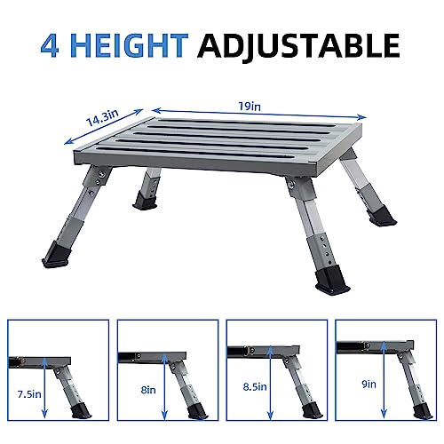 Large RV Step Stool, Adjustable Height Aluminum Folding Step Ladder with Non-Slip Rubber Feet, 1500 lbs Capacity, Safety Platform for RV, Trailer, Truck, Outdoor Use, 19" x 14.3"