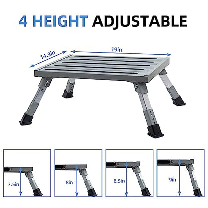 Large RV Step Stool, Adjustable Height Aluminum Folding Step Ladder with Non-Slip Rubber Feet, 1500 lbs Capacity, Safety Platform for RV, Trailer, Truck, Outdoor Use, 19" x 14.3"