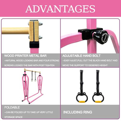 Foldable Gymnastics Kip Bar with Mat and Ring Set,3' to 5' Height Adjustable,Kids Gymnastic Equipment for Ages 3-15,Indoor and Home Training- Max Load 350LBS