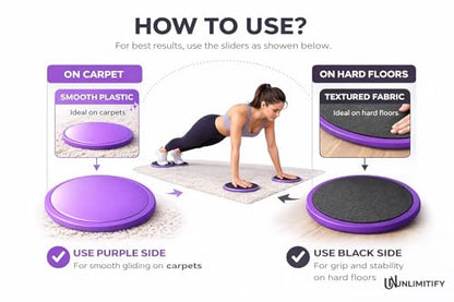Core Sliders for Carpet & Hard Floors – Dual-Sided Exercise Discs for Home Workouts, Pilates & Ab Training, Smooth & Carpet Gliding Design with Storage Bag (Purple)