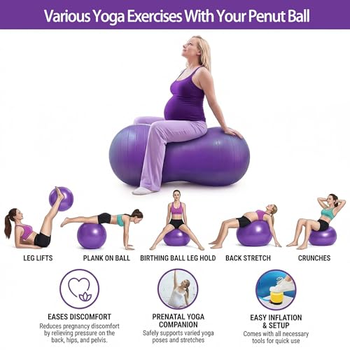 Peanut Ball for Kids Therapy,Anti-burst Exercise Ball With Pump 90x45cm Yoga Ball Gym Quality Fitness Ball for Pregnancy Birth Exercise Physical Therapy, for Child Training, Women, Men (Purple)