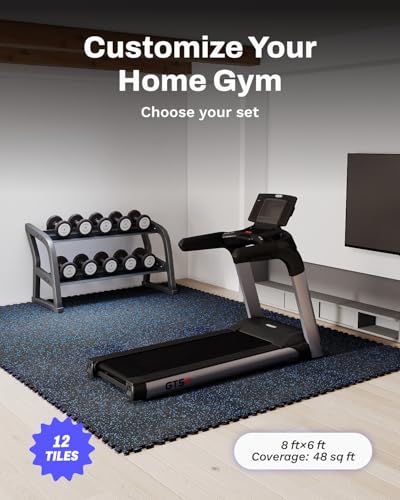 AIRHOP 0.79in Thick 48 Sq Ft Exercise Equipment Mats, 12 Tiles Upgraded Rubber Top with High Density EVA Foam, Large Interlocking Puzzle Gym Flooring for Home Gym, Heavy Weight Workout,Black & Blue