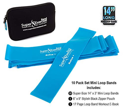 USA 14" x 3" Extra Long Latex Free Mini Loop Bands in 3, 5, 10 Pack Sets. 10 Strengths for Resistance Training, Stretching, Yoga, Toning. Plus an Exclusive iPhone App and E-Book. - color: m. Sky Blue MEDIUM+ Loop Band 10 Pack
