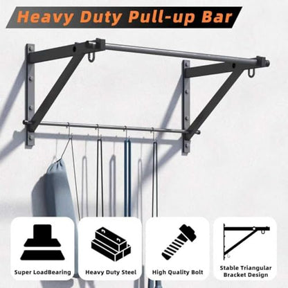 Wall Mounted Pull Up Bar, Strength Training Chin Up Bar for Doorway and Wall Mount with Hooks, Adjustable Depth Pull-up Bar with 500LBS Weight Capacity, Heavy Duty Gym Home Training