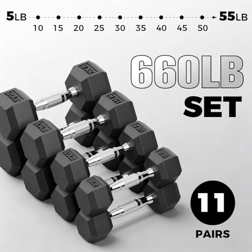 RitFit Rubber Coated Hex Dumbbell Set with Rack, 5-780LB for Home Gym Strength Training, Anti-Slip Knurled Handle, Hexagon Anti-Roll, Heavy-Duty Storage Rack - style: 660 LB Set（5-55LB)