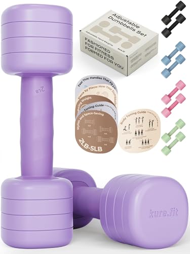 Adjustable Dumbbell Set｜2LB 3LB 4LB 5LB Light Hand Weights for Women｜One-Twist Weight Adjustment｜Non-Slip Curved Grip Handle｜Free Weights for Home Gym, Rehab, Pilates, Yoga, Strength Training - color: Lilac Purple