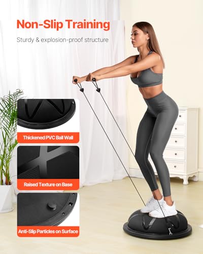 VEVOR Half Exercise Ball Trainer, 23/26 inch Balance Ball Trainer, 1500lbs Capacity Stability Ball, Yoga Ball with Resistance Bands & Foot Pump, Strength Fitness Ball for Home Gym Full Body Workout - color: 23" Particle Black