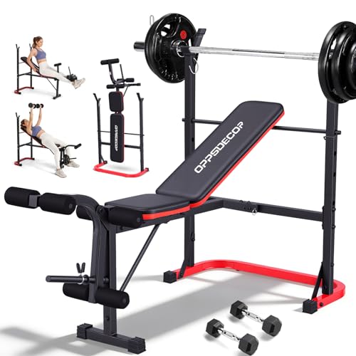 OPPSDECOR 661LBS Weight Bench Set, 8 in 1 Adjustable Bench Press with Squat Rack Leg Extension & Leg Curl Foldable Workout Bench with Safety Bar Catches Standard Weight Training Benches for Home Gym
