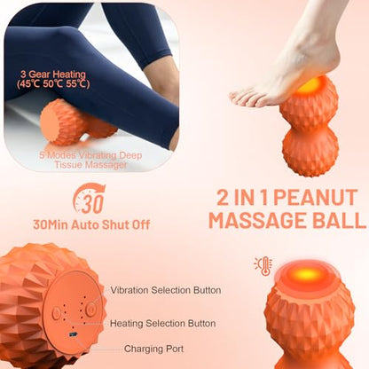 Vibrating Peanut Massage Ball, 3 Gear Heating, 5 Modes Deep Tissue Massager, Rechargeable Myofascial Release Roller for Muscle Pain Relief, Fitness, Yoga(Orange) - color: Orange