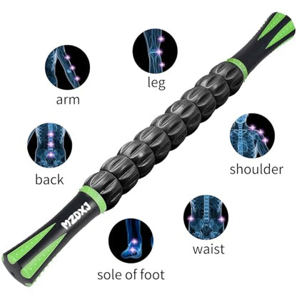 Muscle Roller Massage Roller Stick- Deep Tissue Fascia Blaster for Myofascial Pain Relief, Lymphatic Drainage & Body Sculpting, Handheld Physical Therapy & Recovery Tool (Green black-18 inch)
