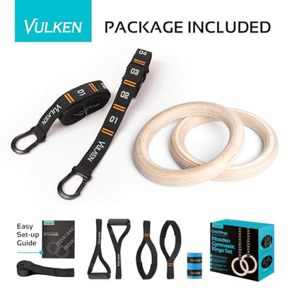 Wooden Gymnastic Rings with Adjustable Numbered Straps. 1.25'' Olympic Rings for Core Workout, Crossfit, Bodyweight Training. Home Gym Rings with 8.5ft Exercise Straps and Workout Handles.