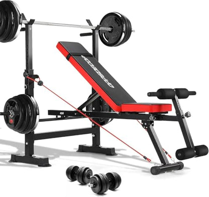 OPPSDECOR Adjustable Weight Bench Set With Removable Rowing Leg Catch, 600LBS Foldable Bench Press Set with Squat Rack Flat Incline Sit Up Workout Bench for Home Gym Strength Training